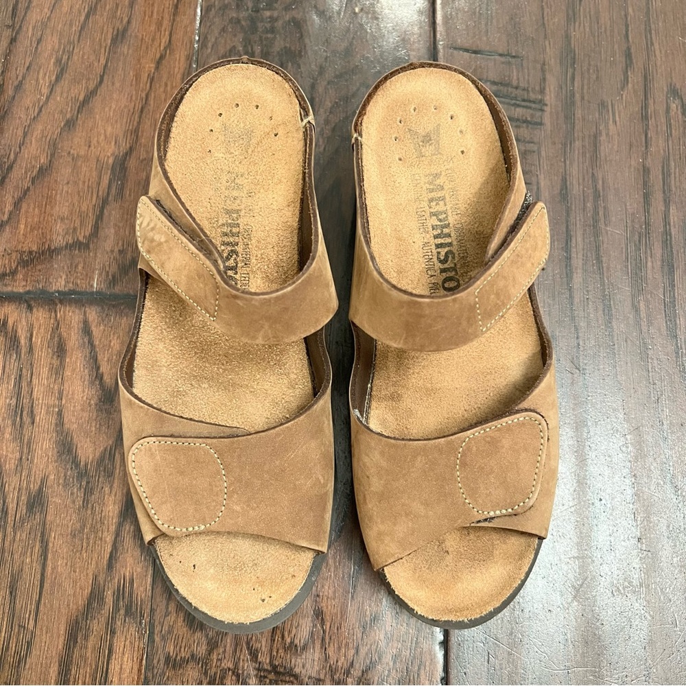 Mephisto Soft Footbed Brown Double Strap Slide Wedge Heels Women Shoes